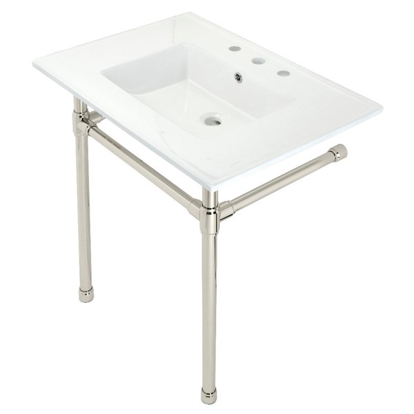 Fauceture KVPB31227W86 Dreyfuss 31" Console Sink W/SS Leg (8", 3 Hole), Wht/Nickel KVPB31227W86